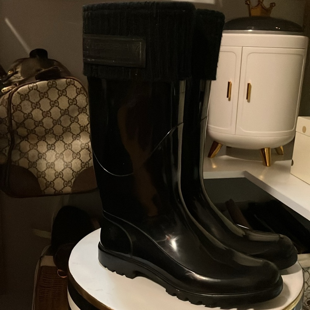 Burberry Black Rubber Rain Boots Size 36 Cloth Top - Picture 2 of 6